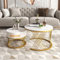 LANTRO JS 2-in-1 Round Coffee Table with Storage, Tea Table with Rattan Drawers and Solid Wood Handles, Gold Iron Legs, White