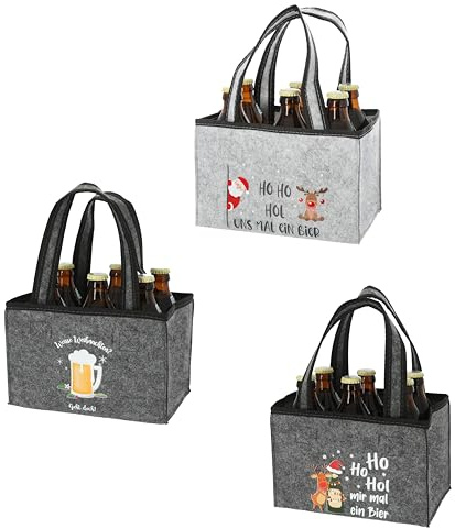 MC-Trend Weihnachts-Männerhandtasche: Lustiger Bierträger aus Filz für 6 Flaschen – Geschenk für Männer zu Weihnachten (3 Taschen / 3 Motive Sortiert, 1)