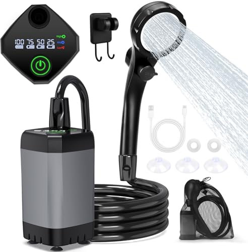 ShinePick Ducha Portatil, Ducha Camping Recargable de 3000mAh, con Pantalla LED Inteligente 3 Modos de Ducha Resistente al Agua IPX7, Adecuada para Acampar, Al Aire Libre, Automóvil y Mascotas