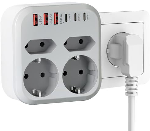 Ladrón en 1 con 6 USB, 2 Schuko y 2 Enchufe EU, Enchufe Multiple Pared 3500W, Plano USB C para Móvil, Familia, Oficina, Cocina, Gris Blanco
