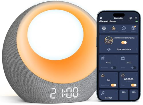 Gianna Kinderwecker mit Aufnahme, Geräuscherkennung & App-Steuerung – Lichtwecker mit Weißem Rauschen, 8 Lichtmodi, 26 Musikstücken, Nachtlicht und Schlaftrainer für Kinder