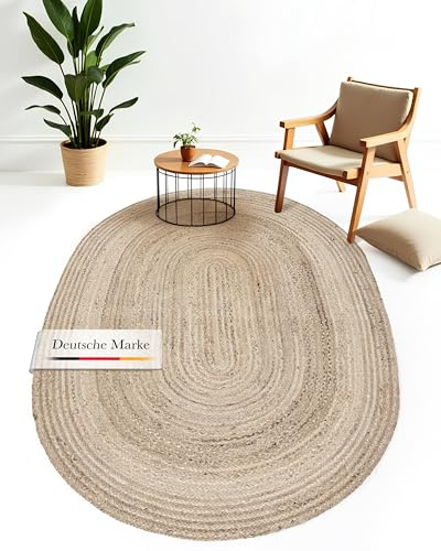 carpetfine Juteteppich Nele Taupe handgewebt aus Jute 160x230 cm | Oval Naturfaserteppich im Boho Style für Wohnzimmer, Küche und im Flur