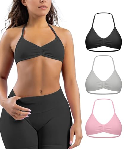 Comper Women's 3 Pack Strappy Bras Halter Bra Seamless Open Back Sports Bras Casual Bralette Crop top with Removable Cups