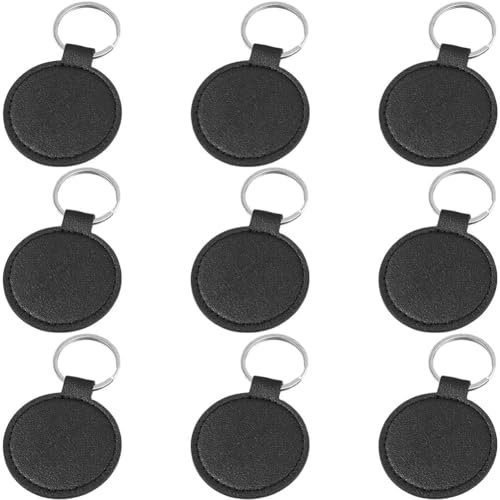 CALFOVERA Porte Clés en Cuir PU Noir Double Face avec Anneaux Porte Clés Rond à Sublimation Transfert Thermique pour Bricolage Artisanat Cadeau D'Anniversaire 10 pièce