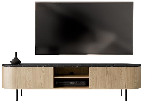 Mirjan24 TV-Schrank Lygrint 180 2D mit 2 Türen 2 offenen Fächern, Griffloses Öffnungssystem, Fernsehschrank, TV-Lowboard, Fernsehtisch, TV-Tisch, Unterschrank (Eiche Cremona/Marmor Schwarz + Schwarz)
