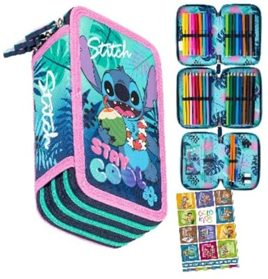 PASO - Federmäppchen 3 Fächer - Mäppchen für Mädchen - Federmappe 3-Fach Federtasche Gefüllte Schüleretui Schulmäppchen und Hausaufgabenheft - Stitch