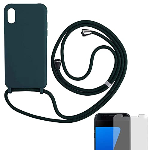 Eximmobile Hülle mit Band + 9H Panzerfolie Kompatibel mit Samsung Galaxy S10 in Grün Handykette Rubber Handyhülle mit Kette für Smartphone Schutzhülle mit Kordel Case Matt