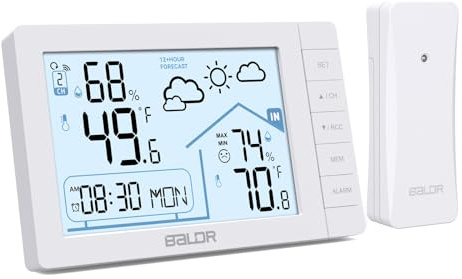 Konsen Station météo radio avec capteur extérieur DCF, horloge radio-pilotée, thermomètre/hygromètre numérique pour l'intérieur et l'extérieur, rétroéclairage, prévisions météorologiques, blanc