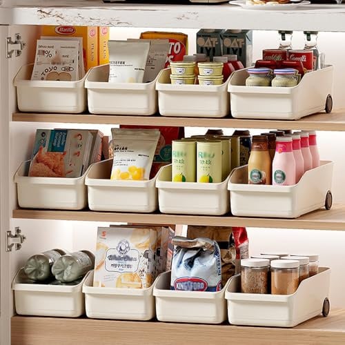 HQahnekme 3 Stück Kunststoffe Küchenschrank Organizer Mit Rädern,Aufbewahrungskorb 31.5x18x10cm,multifunktional Organizer Box Körbe Aufbewahrung für Küchen Badezimmer Schrank Büro(Offwhite-shortBig3)