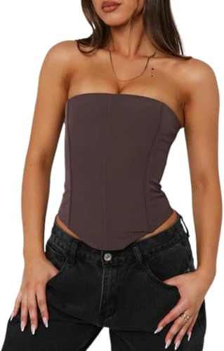 Svuitmsl Women Mesh Strapless Bustier Y2k Back Zip Up Boned Bustier Tops Bodyshaper Tube Top Sexy Going Out Bustier Corset (B-Lace Up Coffee, M)