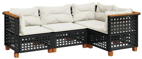 Frdhee Gartenmöbel Set, Lounge Sofa, Terrassenmöbel, Balkon Möbel, 4-TLG. Garten Sofagarnitur mit Kissen Schwarz Poly Rattan Für Veranda, Schwimmbad, Einfache Montage