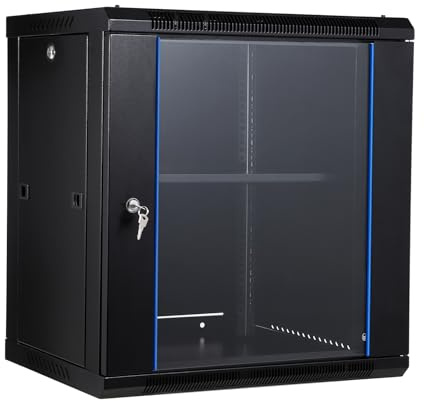 Aptliton Robust 12U Network Cabinet Rack – Wall Mount/Floor Standing – Locking Glass Door, Cooling Fan Holes, Removable Side Panels, 17.7in Deep – Secure IT/AV Equipment Storage for Home or Office –