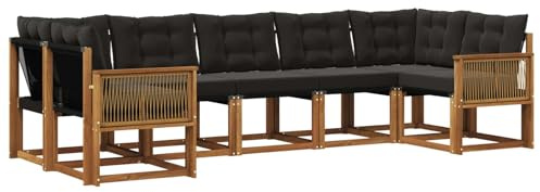 vidaXL Outdoor-Sofagarnitur mit Kissen 7 pcs Natürlich und Schwarz, Moderne Gartenlounge, robuster Sofa, eleganter Patio, stylische Möbel für gemütliches Sitzen im Freien