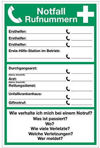 WANDKINGS Hinweisaufkleber für den Innen- und Außenbereich - Notfall Rufnummern - 30x20 cm - Aufkleber ohne Schild