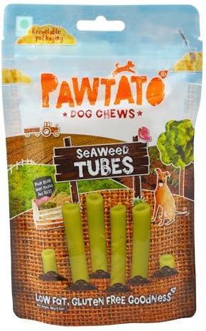 Pawtato Vegan Dog Chews Seaweed Tubes. Natural rawhide alternative dog treat. Low fat, plant based, hypoallergenic, sweet potato and rice chews 90g