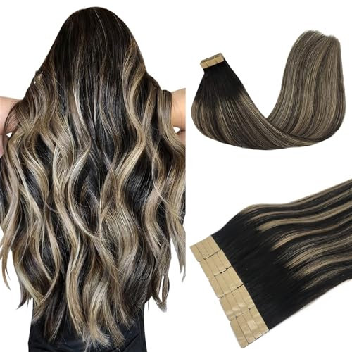 DOORES Extensions Echthaar Tape in, Balayage Natürliches Schwarz bis Hellblond 60cm (24zoll) 50g 20pcs, Echthaar Tape Extensions Blond Remy Haar Full Thick Ends Haarteil Für Unsichtbare