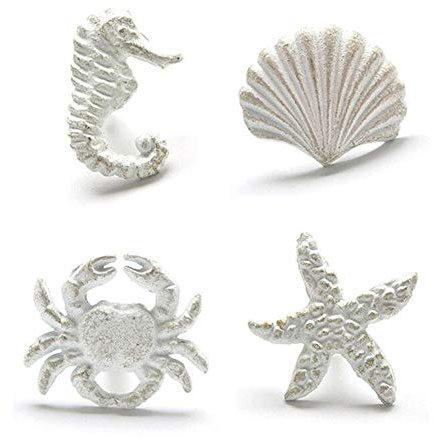 Primst Beach Ocean Theme Cast Iron Drawer Knobs, Sea Horse Starfish Crab and Seashell Cabinet Handle Pulls for Drawer, Door, Dresser, Cupboard, Pack of 4 (White)
