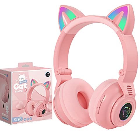 Auriculares inalámbricos para niños, con luz de gato, con Bluetooth, sobre la oreja, auriculares plegables inalámbricos/con cable estéreo con micrófono de luz LED (rosa)