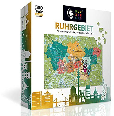 PuzzleMap Ruhrgebiet Puzzle Stadtplan - XXL 500 Teile - Mit Booklet & Faltkarte - 68x48cm Motivgröße - Reiseführer Geschenk Souvenir