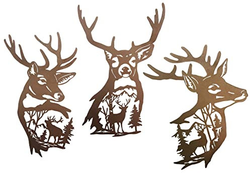 J-Fly Metall-Hirsch-Wandkunst, Metall-Hirsch-Hügel-Dekor, Wald-Jagd-Dekor, Outdoor-Zaun-Kunst, Hirsch, Wohnzimmer, Schlafzimmer, Badezimmer, rustikales Dekor, 3-teiliges Set, 22,9 cm, Rostfarbe (Rust