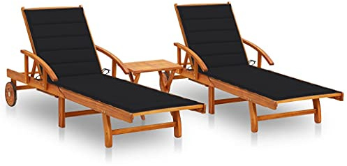 SKTQYQO Lit de bain 2 pièces avec table et coussins en bois massif d'acacia pour extérieur, réglable et avec roues, ensemble pour jardin, patio ou piscine, durable et résistant aux
