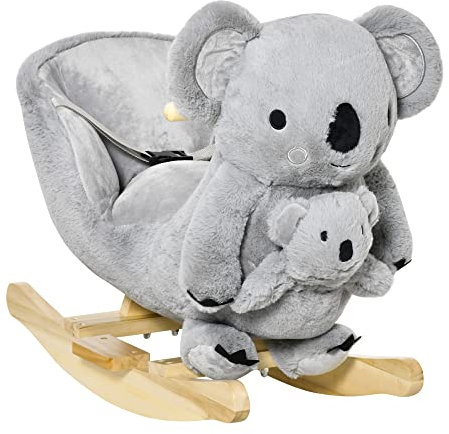 HOMCOM Cavallo a Dondolo Koala in Peluche Imbottita con Suoni, Cintura di sicurezza e Base in Legno, 60x33x50cm, Grigio