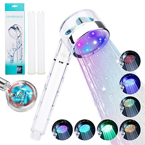 Pommeau de douche haute pression avec lumière LED, pommeau de douche portable avec ventilateur turbo rotatif, pommeau de douche LED à changement de couleur avec 2 filtres