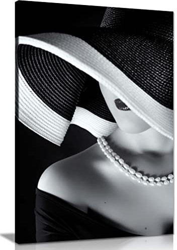 Panther Print Fine Art Prints Black & White Lady Hat Portrait Artistic Framed Canvas Print, Pictures for Home Walls, Bedroom, Living Room & Bathroom Decor 46x31cm (18x12in)