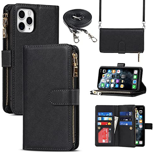 Cavor Coque Compatible avec iPhone 11 Pro Etui avec Cordon,Flip Portefeuille Étui Cuir,[9 Porte Cartes][Double Boucle],Protection Housse Etui Compatible avec iPhone 11 Pro - Noir