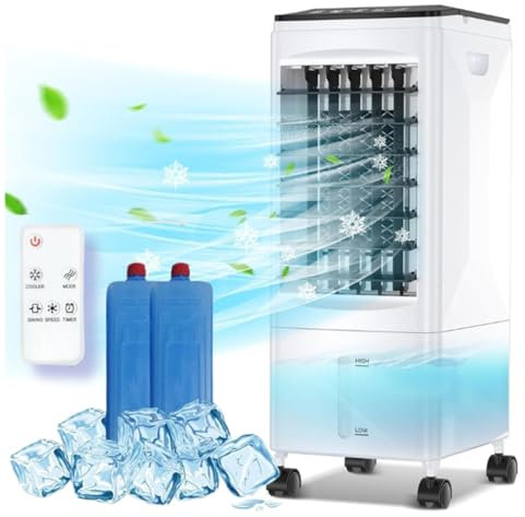 Raffreddatore d'aria grande, condizionatore portatile, climatizzatore evaporativo 60 W con 6 l, 1-7 H timer, 3 velocità con ruote e telecomando per casa ufficio