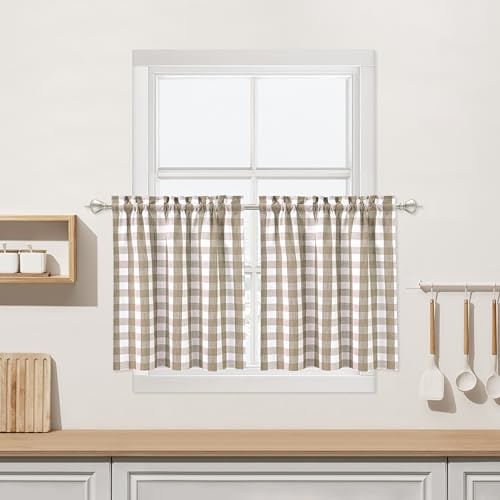 Beige Büffelkarierte Café-Vorhänge, 76,2 cm Länge, Büffelkaro, Küche, Stufenvorhänge, Bauernhaus, Gingham-Stangentasche, kurzer Halbfenstervorhang für Küche, Badezimmer, 71,1 cm B x 76,2 cm L, Leinen
