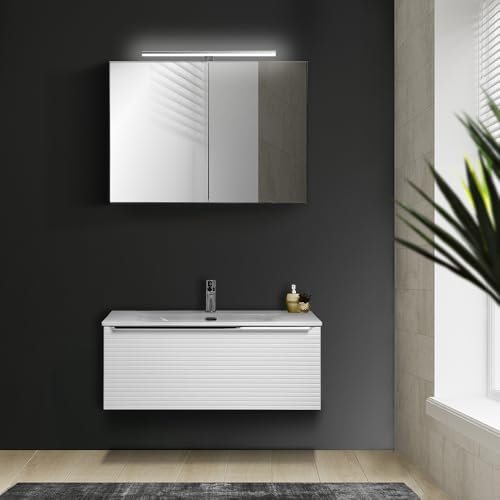 Lomadox Badmöbel Waschtisch Set 90 cm weiß Keramik-Waschbecken, LED-Spiegelschrank, B/H/T: ca. 90/200/46 cm