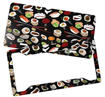 Japanisches Sushi-Auto-Anhänger, schwarz, bedruckt, Nummernschild- und Kennzeichenrahmen, 2 Stück, Metall-Aluminium-Anhänger, Heimdekoration, Auto-Kennzeichenhalter