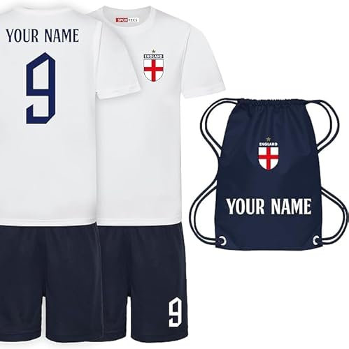Sportees Personalised Kids England Cup Style White and Navy with Free Bag for Boys and Girls Customised Football Kit - 5/6 Years Old