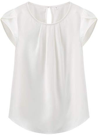 TASAMO Women’s Blouses Casual Cap Sleeves Front Pleated Round Neck Keyhole Back Chiffon Dressy Top(Large, White)