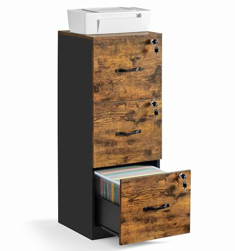 VASAGLE 3-Drawer Vertical File Cabinet, Filing Cabinet for Home Office, Printer Stand, with 3 Lockable Drawers, Adjustable Hanging Rail, for A4 and Letter-Size Files, Rustic Brown and Black UOFC055B01