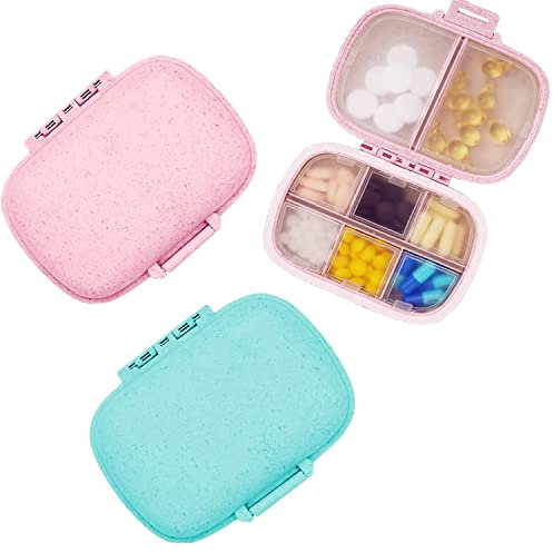 2 Pcs Pill Organiser Travel Small Medicine Storage Box 8 Compartments Daily Pill Box Portable Moistureproof Tablet Organiser for Vitamins Case,Supplement (Blue + Pink)