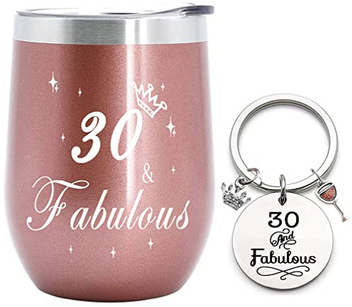 Edelstahl Kaffeebecher mit Gravur, 30. Geburtstag Geschenk für Frauen, 30&Fabulous Thermobecher, Inspirierend Geschenk für Frauen, Freundin, 350ml Roségold Kaffeetasse mit Schlüsselanhänger