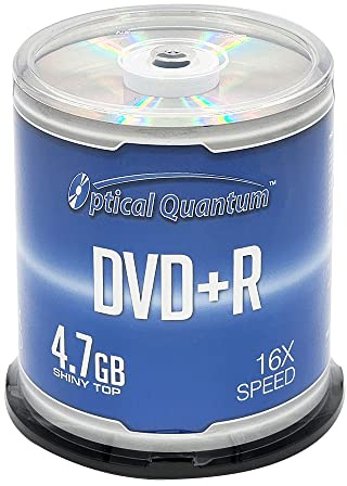 Optical Quantum 16X 4.7 GB DVD+R Blank Media Shiny Silver Top, 100-Disc Spindle for Burning Video, Recordable DVD Discs, Writable Blank DVDs