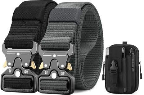 BESTKEE 2er Taktischer Gürtel, 3.8cm Gürtel Herren, Hochleistungsgürtel mit Schnellverschluss-Metallschnalle, Militär Wandern Arbeitgürtel, Geschenk mit Taktischem Molle-Beutel