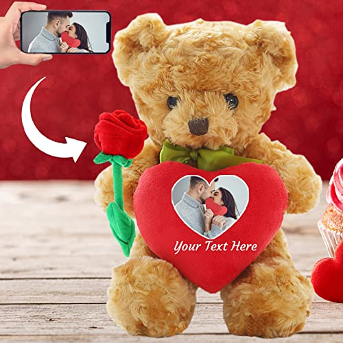 ADORSUN Personalisiert ValentinsGeschenke Teddybär mit Herz, Personalisierte Teddybär mit Rose und Schleife mit Namen+ Foto, ValentinsGeschenke für Männer Geburtstagsgeschenk für Frauen (25cm)