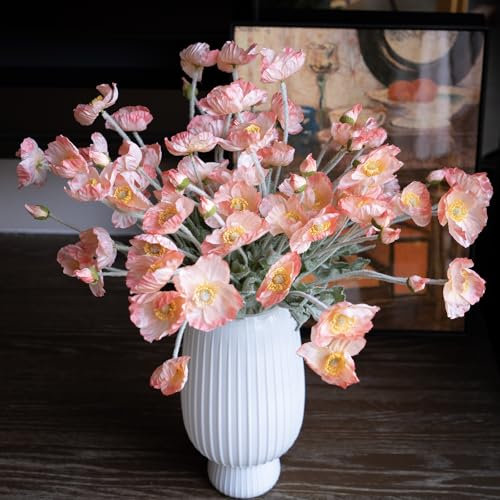 DUYONE Künstliche Blumen mit 6 Stielen, Mohnblumenstrauß, Seide, für Hochzeit, Zuhause, Party-Dekoration, Tischdekoration (Orange, Rosa, 6 Stück)