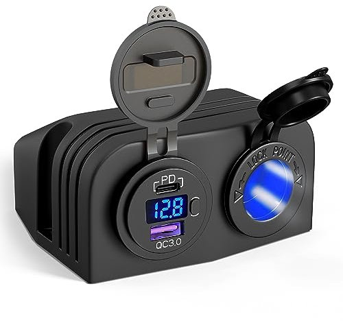 Kriogor 12V Steckdose Auto Ladegerät + 15A/12V Zigarettenanzünder Steckdose, KFZ QC3.0 PD Type C USB mit Switch, Motorrad USB Steckdose Wasserdicht für Boot Auto