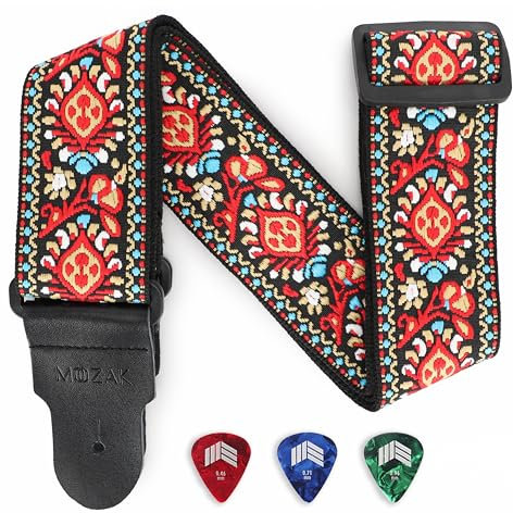 MOOZAK Gitarrengurt Vintage bestickte Baumwolle – Echtlederenden für Akustik- und E-Gitarren | inklusive 3 Plektren (rotes Vintage-Muster)