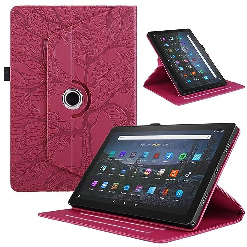 TEDTIKJT Tabletas Funda Compatible Amazon Fire HD 10 Plus/HD 10 2021 PU Cuero Cover Protectora 360°Carcasa Giratoria de Soporte ángulo Múltiple con Auto-Sueño/Estela Cover, Rojo Árboles