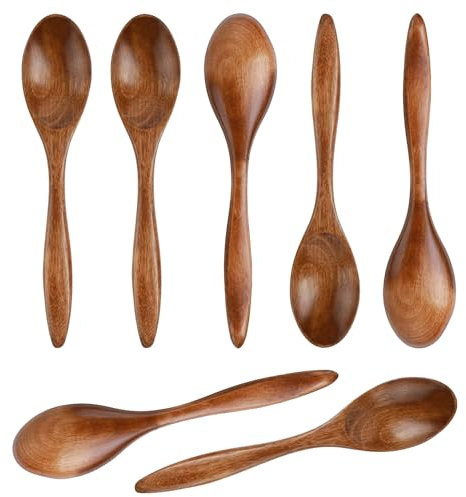 7uds Cucharas Pequeñas de Madera, Cuchara de Miel Lisa de 14,5cm Cucharadita de Madera Cucharas para Servir Mini Cuchara de Mesa para Cocinar Condimentos Cucharas de Miel Uso Diario