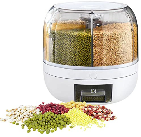 Fyeme 6 Grid Rotating Rice Dispenser 6kg 12kg 360° Round Bucket Sealed Grain Container Rotatable Food Storage Rice Bucket Grain Storage Box for Grains Rice Sugar Seasoning (12kg)