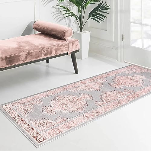 cozily® Vintage Hallway Runner With Jute Back, Sarina 60x220cm, Pink, Washable Carpets For Bedrooms, Kitchen And Living Room Rug Hall Runner.