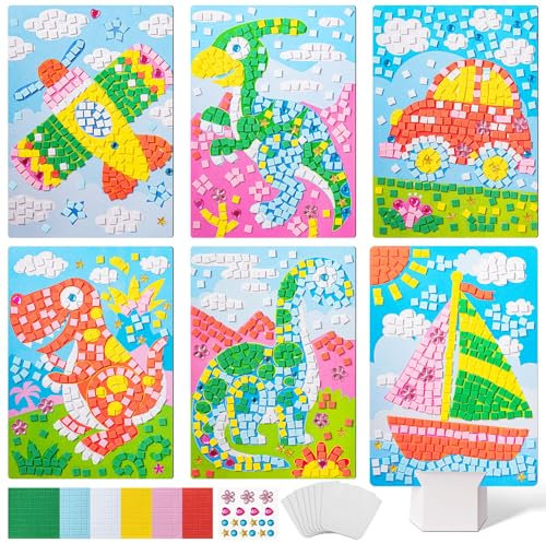 Tenare 6 Stück Frühling Mosaik Bastelset für Kinder Mosaik Aufkleber Set Mosaik Klebebilder für Mädchen Junge Selbstklebendes Kreativset für Kindergeburtstag Geschenk Party Beschäftigung (Niedlich)
