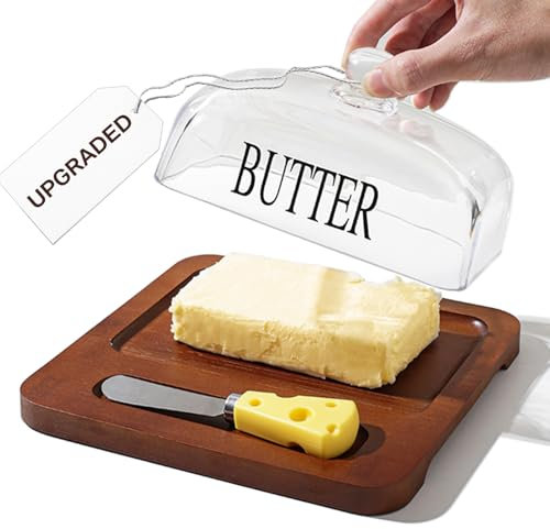 BAKPOCO Beurrier – Beurrier en verre avec couvercle pour plan de travail pour garder le beurre doux de cuisine et de ferme avec étui de rangement avec couteau à beurre, plateau en bambou pour beurre